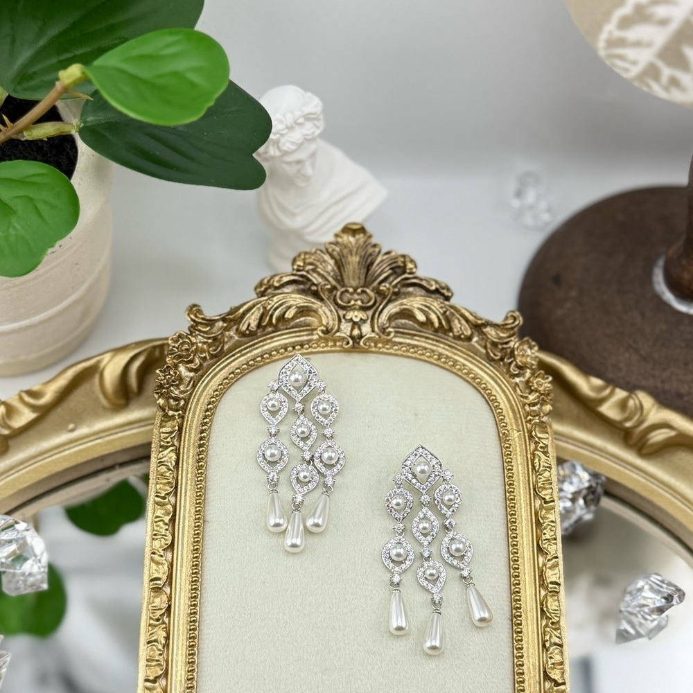 Elegant Cubic Zirconia Pearl Drop Statement Earrings Perfect for Special Occasio - Picture 4 of 12